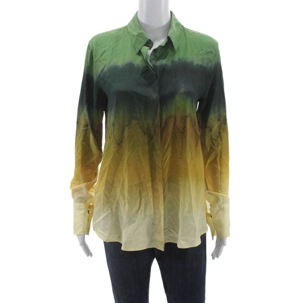 Altuzarra Women Green Silk Collared Button Up Blouse Long Sleeve Size 36